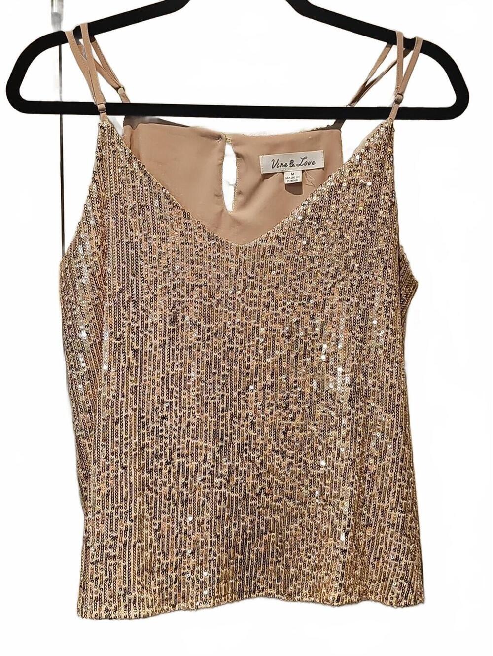 Vine & Love gold sequin tank With Adjustable Straps. Lined. Size Medium